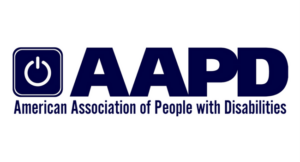Power button icon to the left of text "AAPD" above the text "American Association of People with Disabilities" all in a dark blue font.