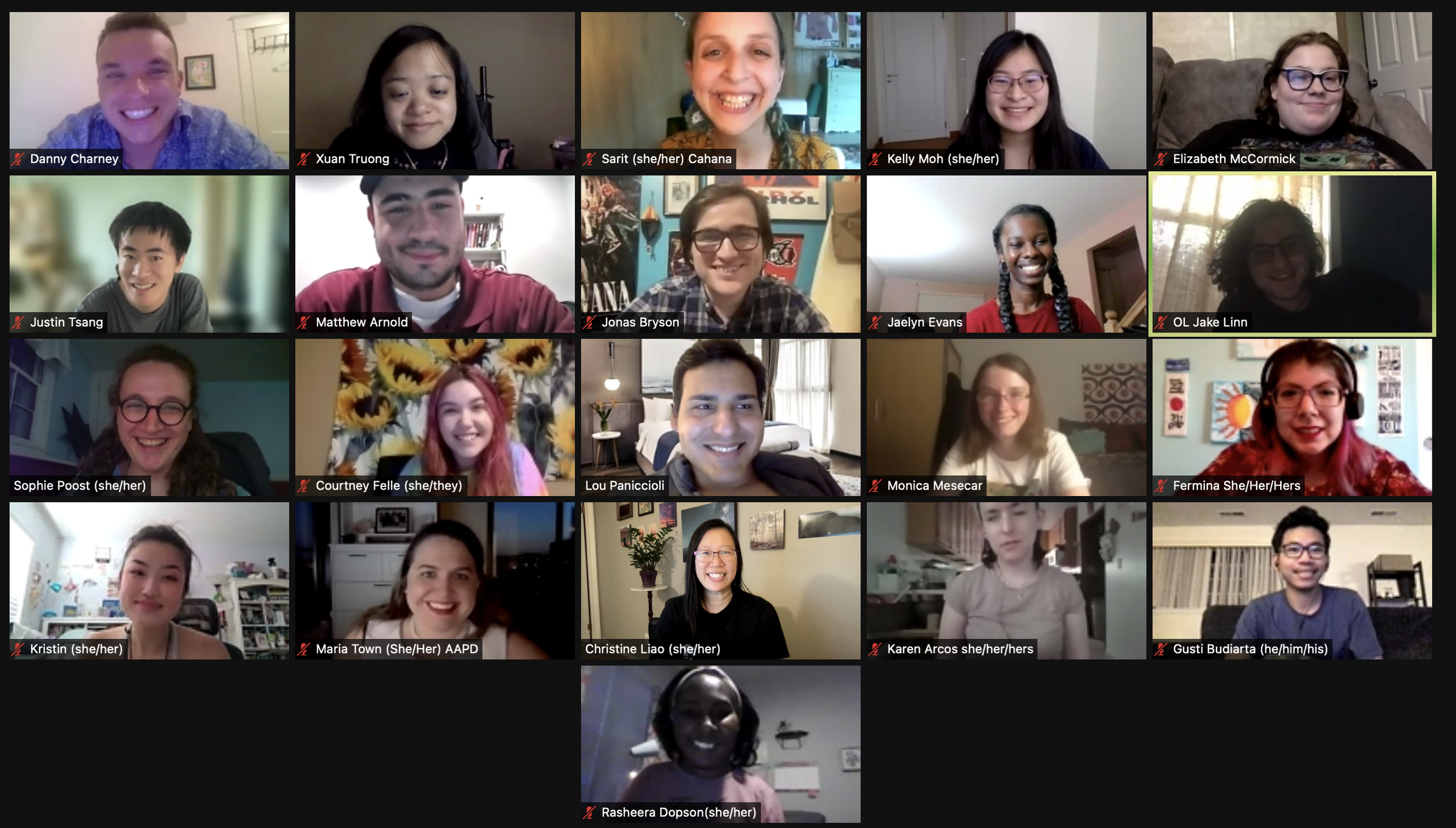 group of 21 people on zoom screen all smiling at the camera