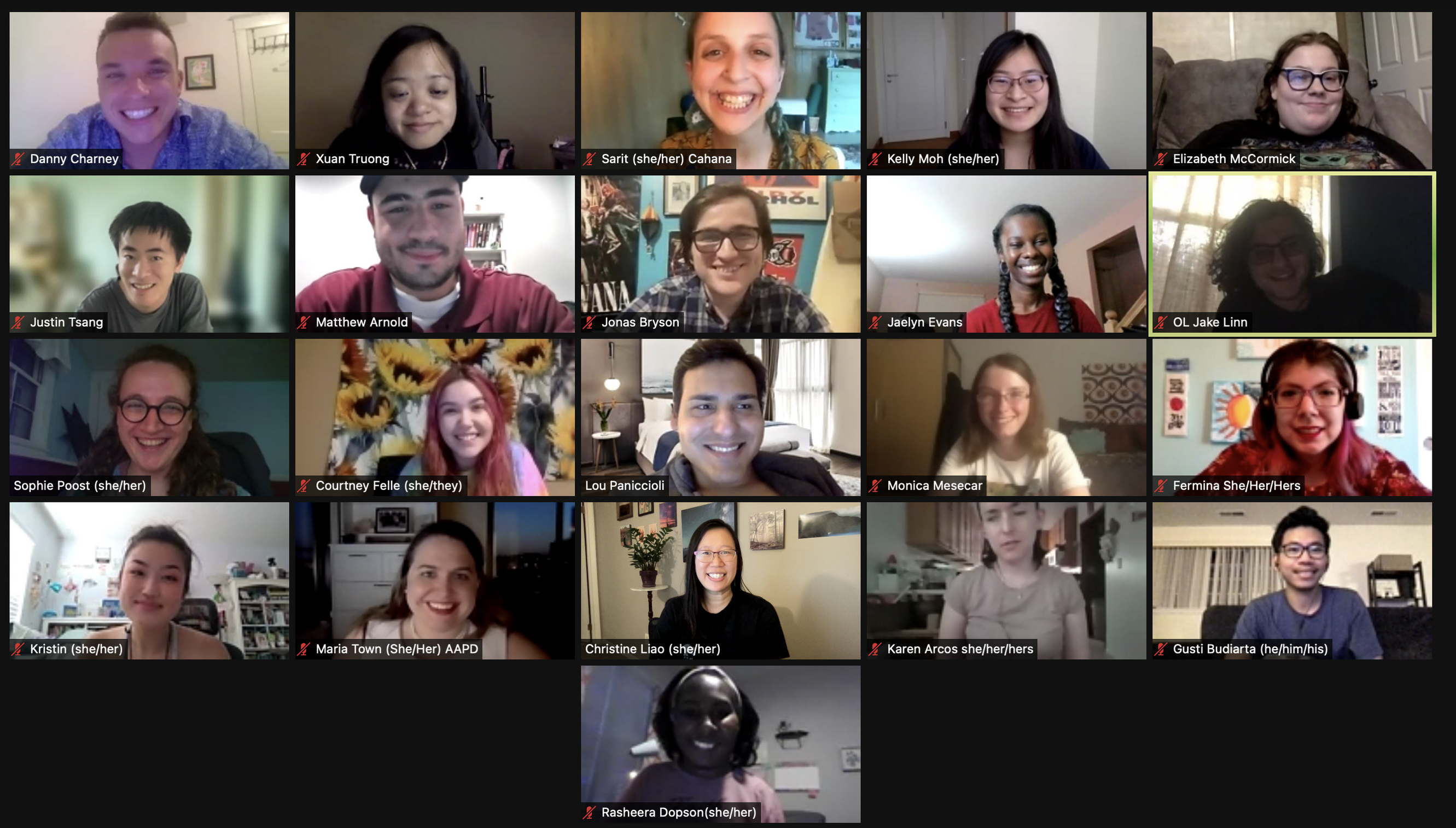 farewell gathering group of 21 people on zoom screen all smiling at the camera
