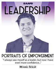 Michael’s portrait of empowerment graphic has a black and white image of Michael in front of a purple background with the word “leadership” at the top. Michael is a man with light complexion and dark hair. He is wearing a blazer with a plaid button down shirt. His quote reads “I always saw myself as a leader, but now I have even more confidence…”