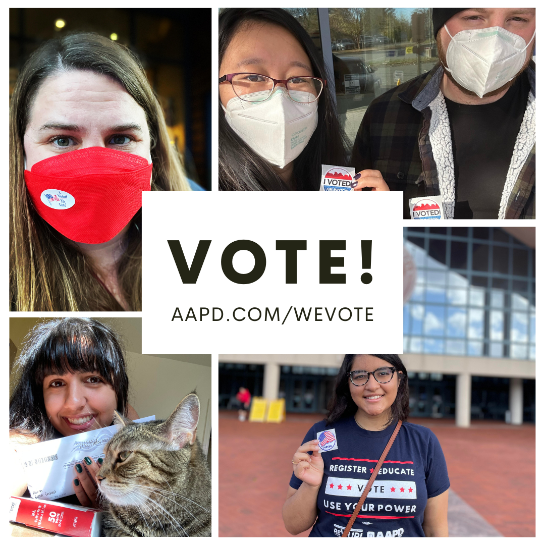 square image with four different pictures of people holding or wearing "I voted" stickers. Image has the word "vote" in the center