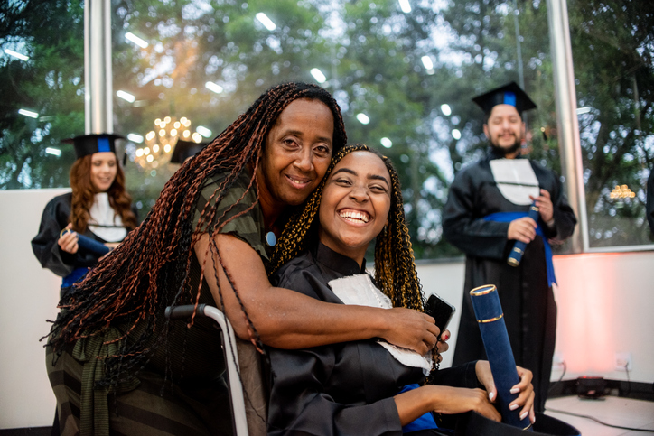 Portrait of woman in wheelchair on graduation day.