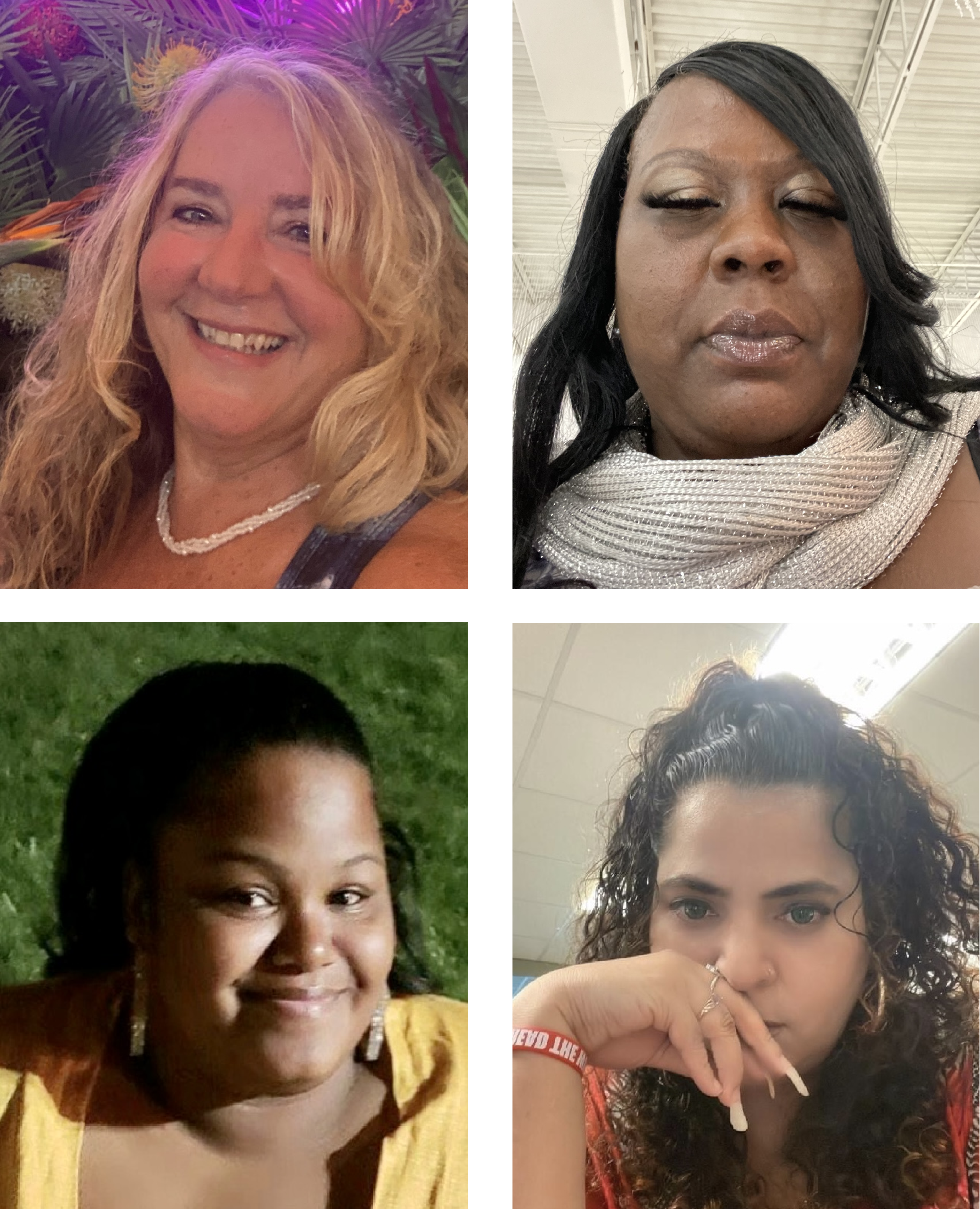 Photo of four women. On the top left is Mary Lou "Lu" Freitas, a white woman with long curly blond hair wearing a pearl necklace. On the top right is Quiana Mayo, a Black woman with long straight black hair wearing a tan scarf. On the bottom left is Sierra Scott, a Black woman medium straight black hair wearing hoop earrings and a yellow top. On the bottom right is Jossie Torres, a Latina woman with long curly black hair and long nails.