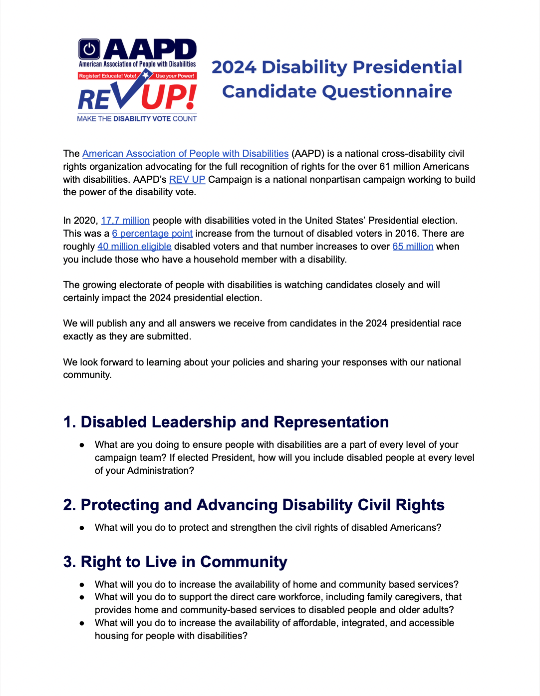 The first page of the AAPD REV UP 2024 Disability Presidential Candidate Questionnaire 