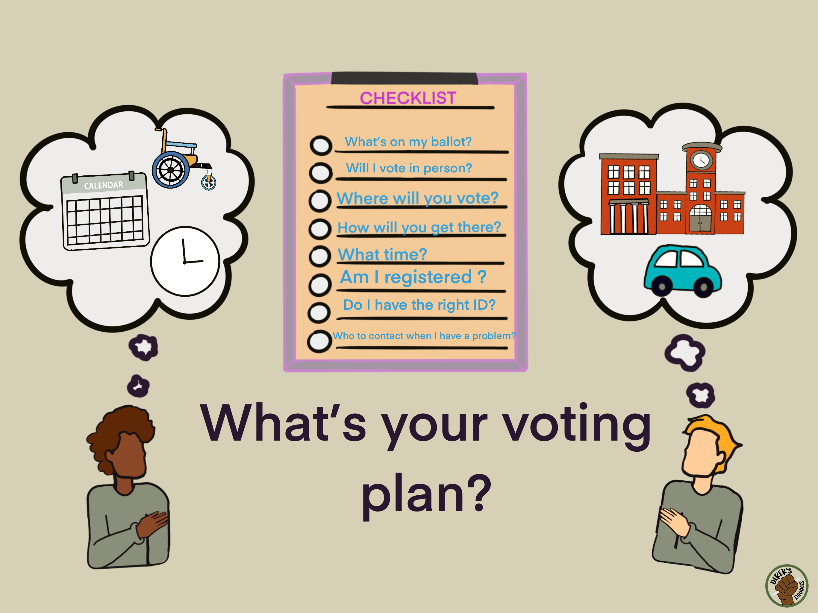 In the center of the image there is a clipboard with a paper that says “Checklist.” It has the questions: What’s on my ballot? Will I vote in person? Where will you vote? How will you get there? What time? Am I registered? Do I have the right ID? Who to contact when I have a problem?” Beneath the clipboard, large text reads, “What’s your voting plan?” On the left, there is a man with brown skin and brown hair. A thought bubble above his head shows a calendar, a clock, and a wheelchair. On the right, there is a white person with blonde hair. A thought bubble above their head shows a car and a red school building. In the bottom right corner is the logo for Derek’s Doodles.