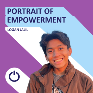 Promotional graphic presenting a cheerful young man named Logan Jalil. The image has a creative background split diagonally between purple on the upper left and light blue on the lower right. The title 'PORTRAIT OF EMPOWERMENT' is written in white bold letters at the top. Below it is the name 'LOGAN JALIL'. He has a bright smile, dark hair, and is wearing a brown jacket over a gray shirt. A power icon is depicted at the bottom center.