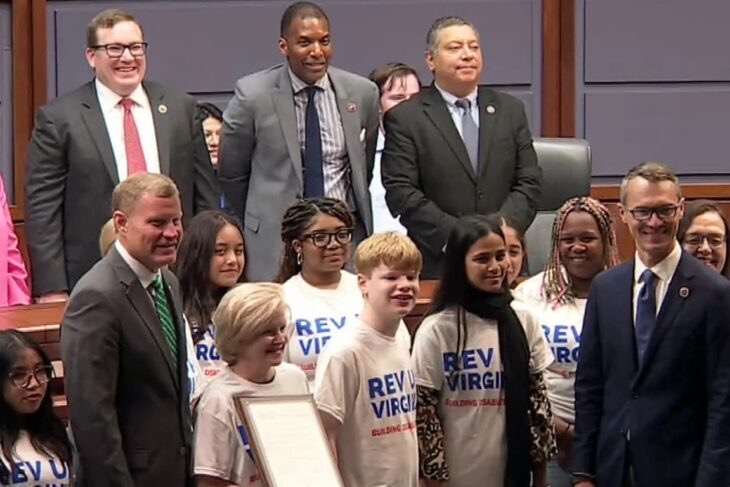 A group of children and lawmakers from REV UP Virginia