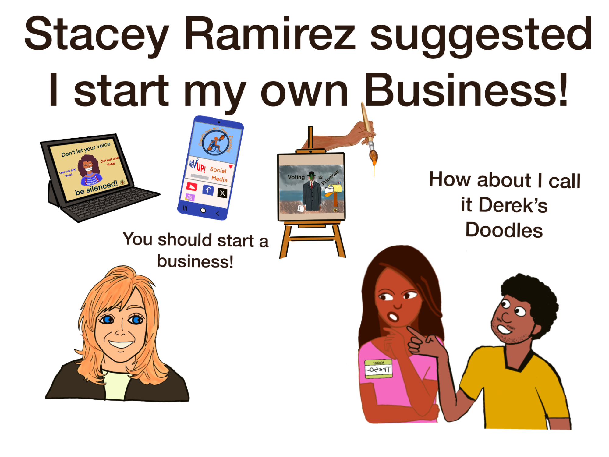 Art of how Derek got his start on his business Derek’s Doodles. This includes a drawing of Stacey Ramirez, Derek, and a family member. Additionally features a laptop and phone with REV UP art on it, and an easel that shows a drawing of a person mailing in a ballot with the words “voting is priceless”